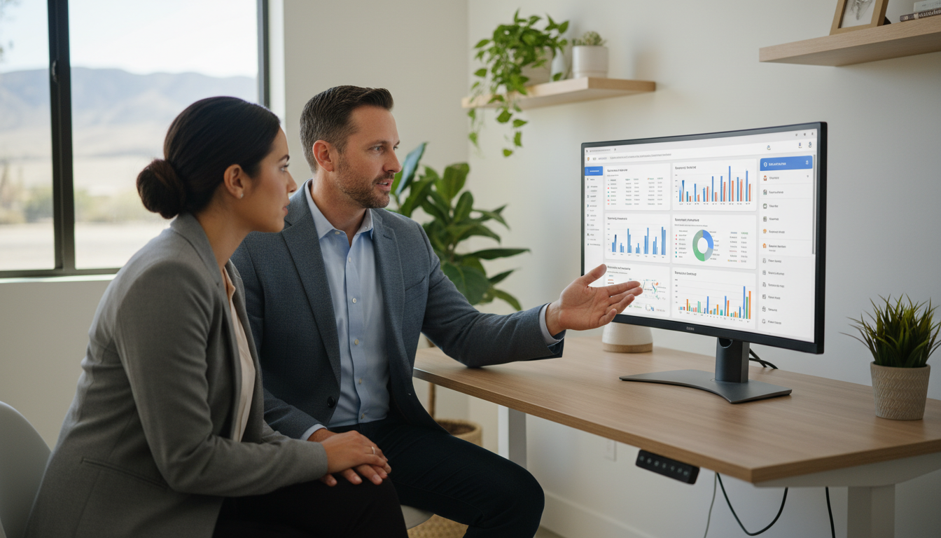 Professional AI SEO consultant meeting with client in modern office, reviewing analytics dashboard, Bakersfield