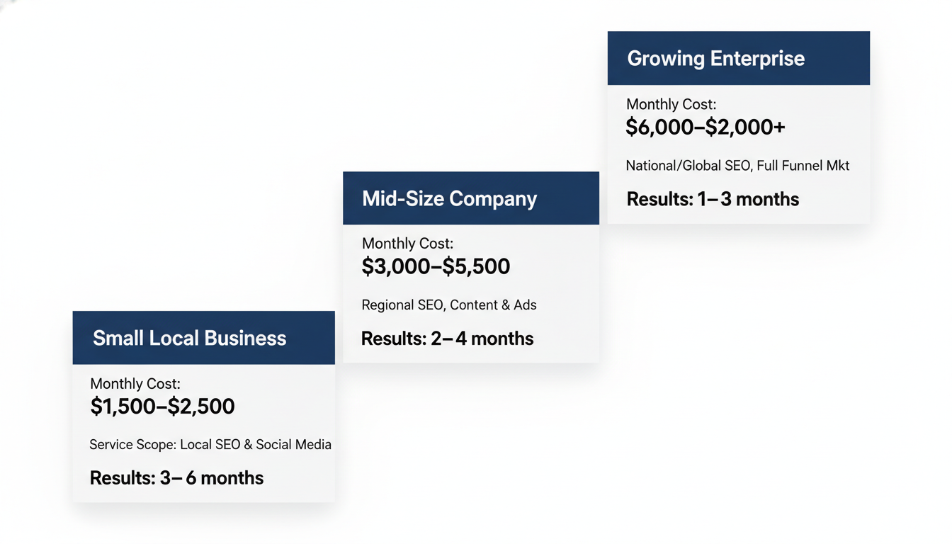 Pricing tier comparison showing business size, cost range, and timeline for results