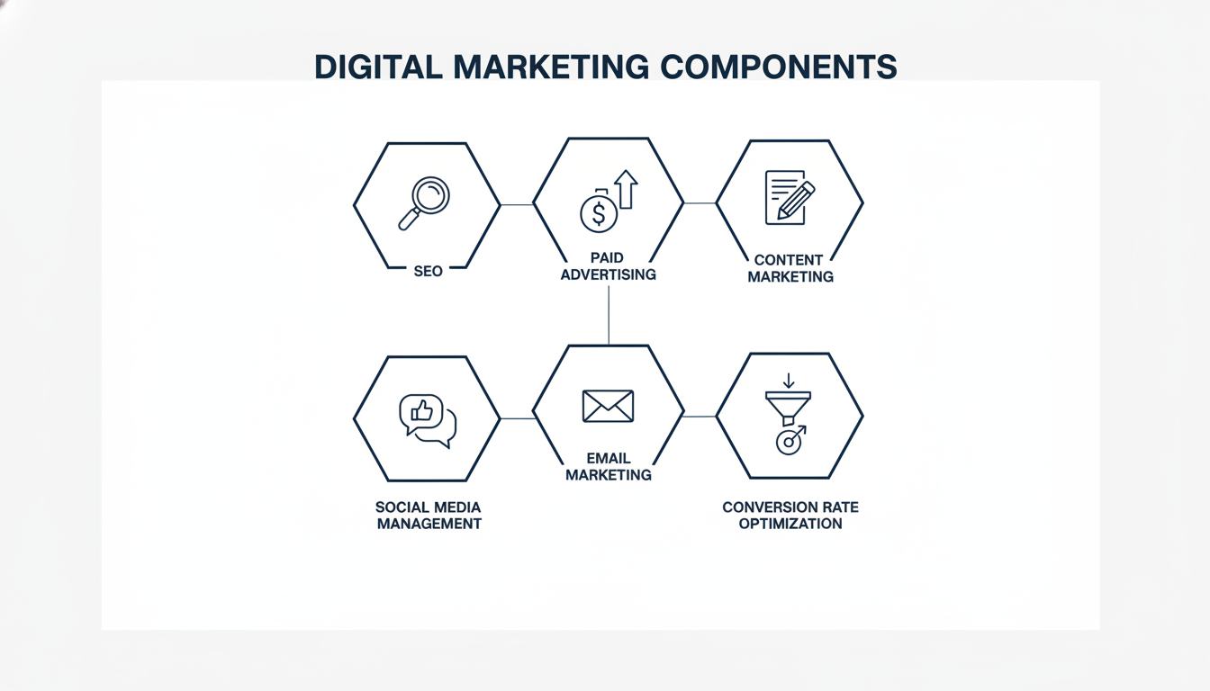 6-pillar digital marketing framework: SEO, paid ads, content, social media, email, CRO