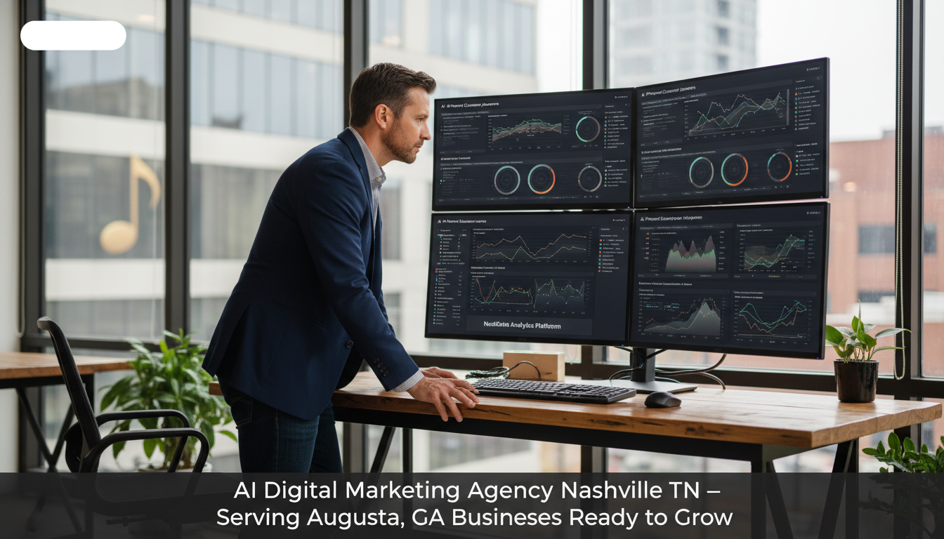 Professional marketer analyzing AI dashboards in modern Nashville office, digital marketing strategy