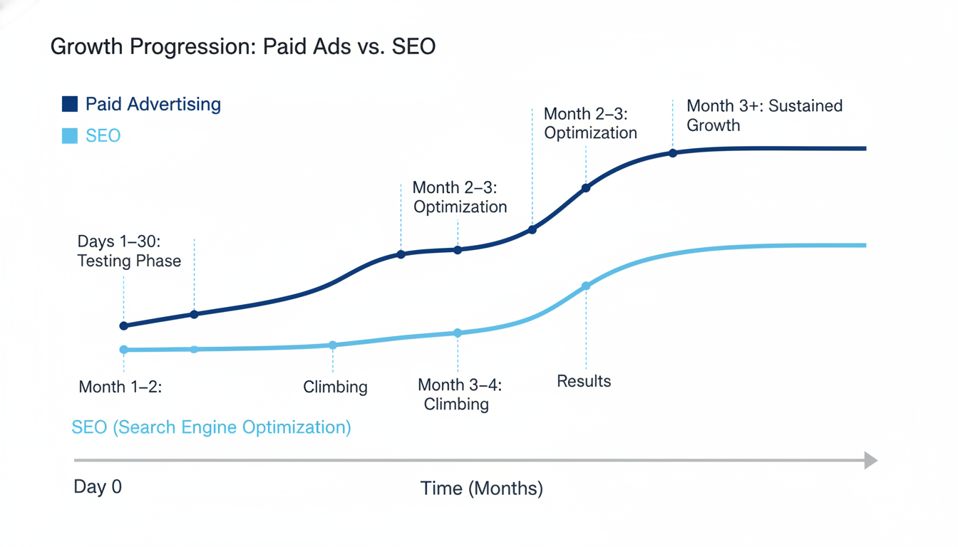Timeline comparison of paid advertising vs. SEO growth curves and milestones