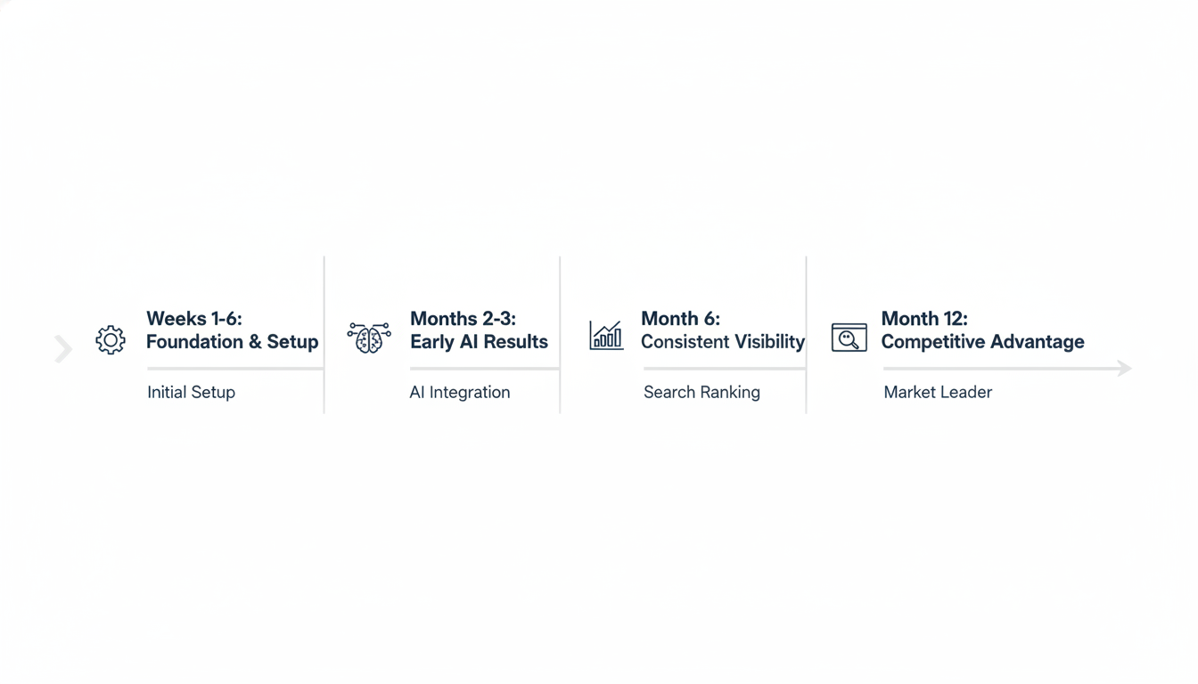 12-month GEO timeline showing progression from foundation to competitive advantage
