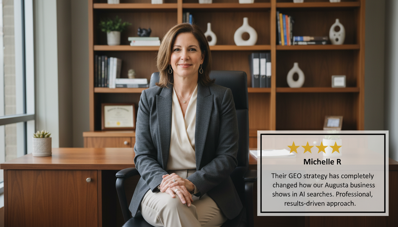 Business owner Michelle R. giving 5-star GEO service testimonial in office