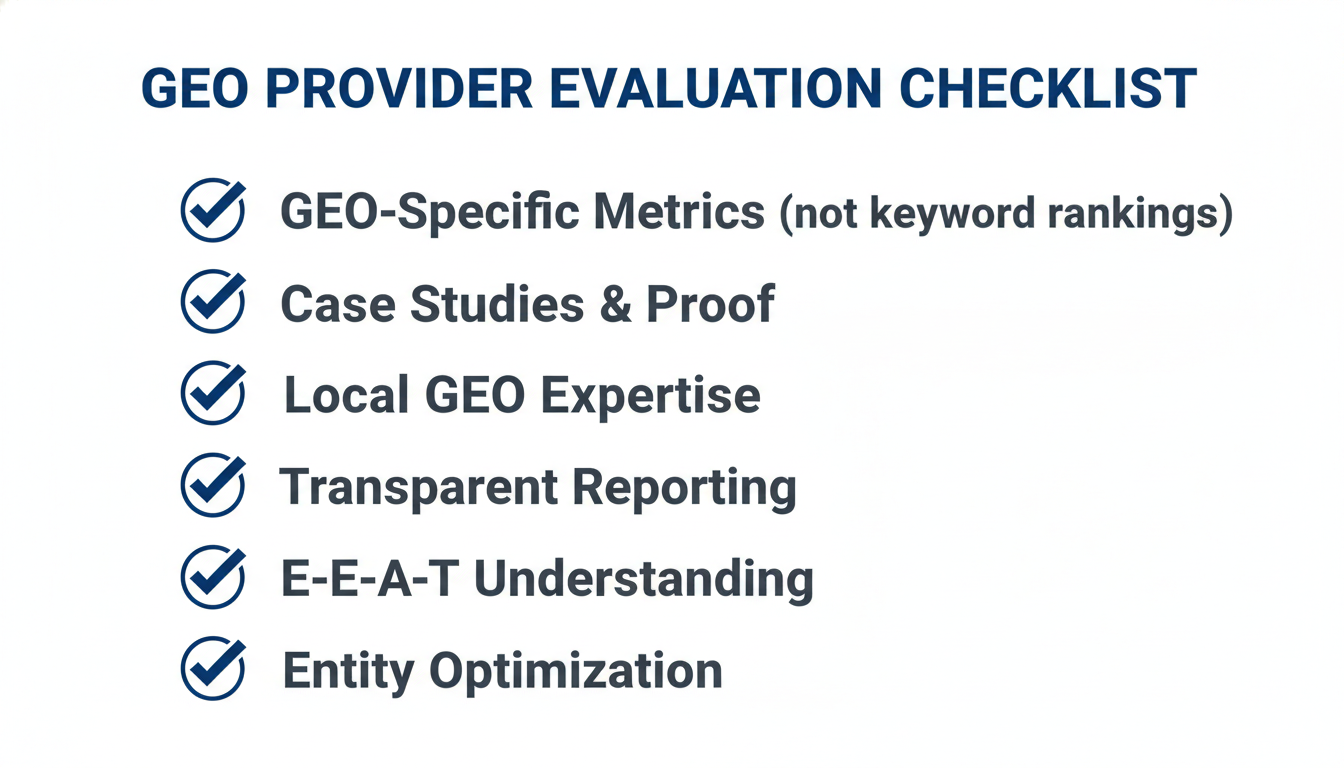 GEO provider evaluation checklist with key criteria and checkmarks
