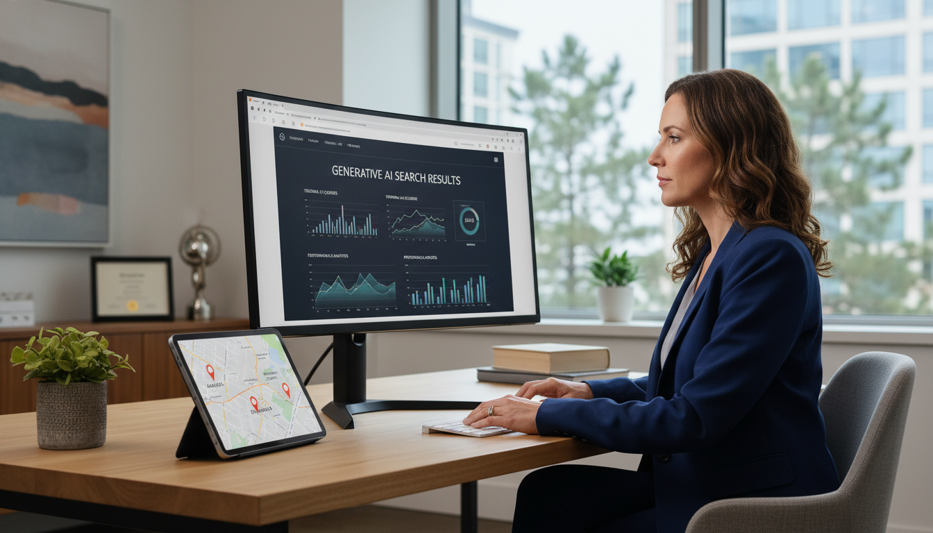 Digital marketing strategist analyzing AI search results in modern office