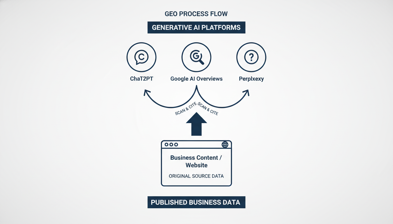 GEO process flow diagram showing AI platforms citing business content