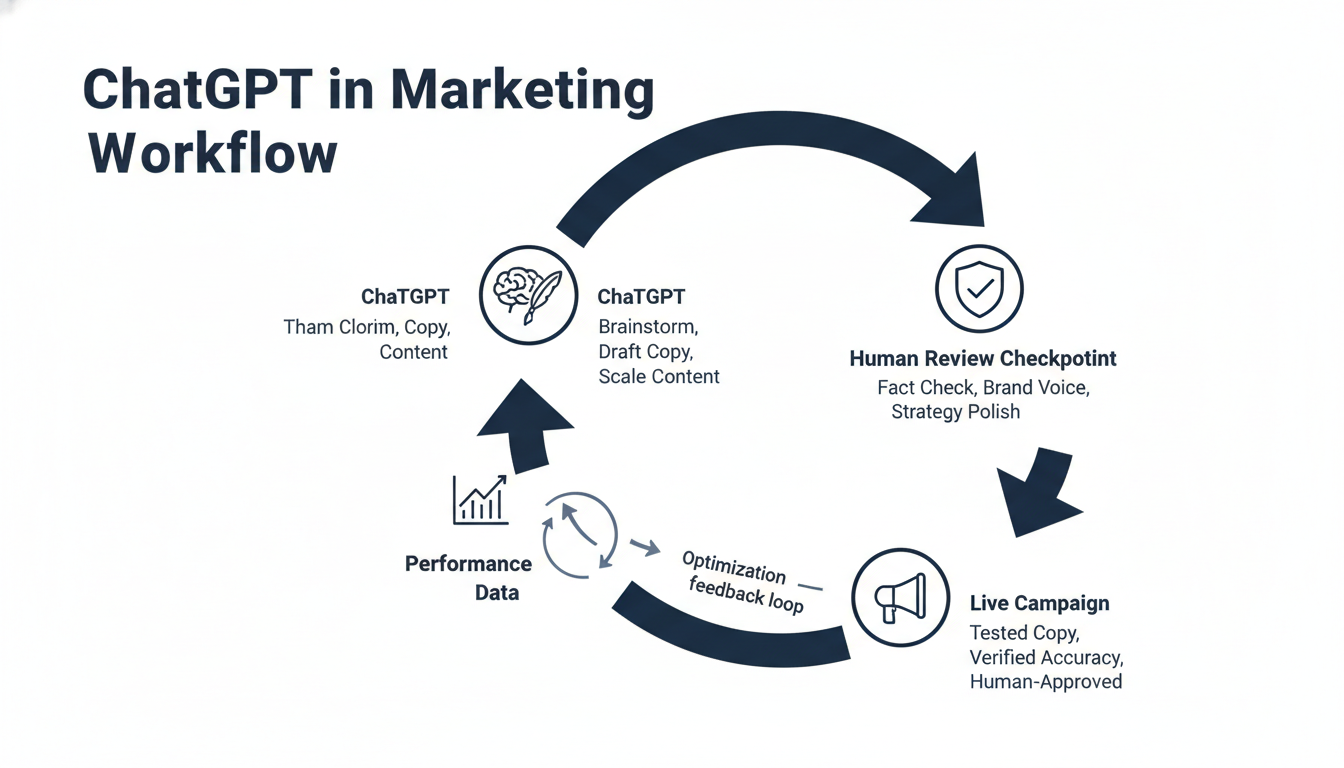 ChatGPT marketing workflow showing human review checkpoints and optimization loop