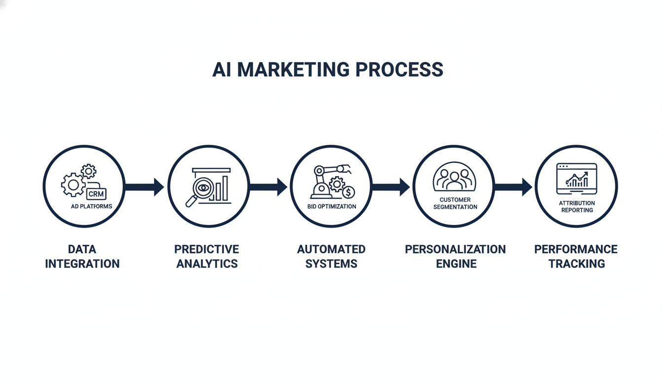 AI marketing process flow diagram showing data integration, analytics, automation, personalization