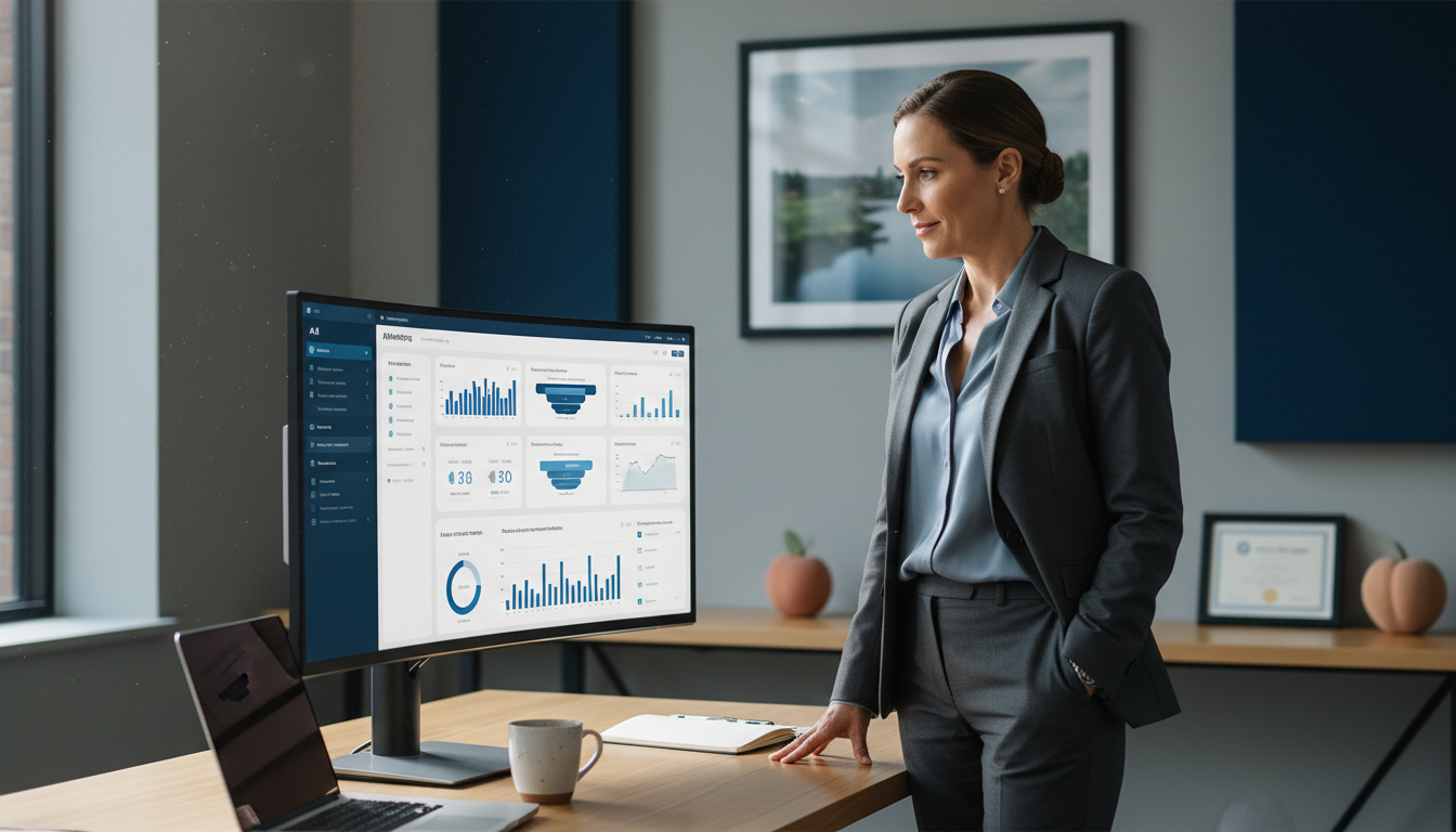 Marketing strategist analyzing AI marketing dashboard in modern office, Augusta GA