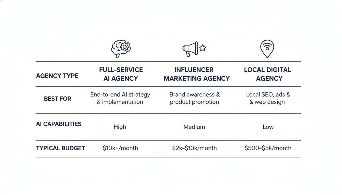 Agency types comparison chart: Full-Service AI, Influencer, and Local Digital agencies