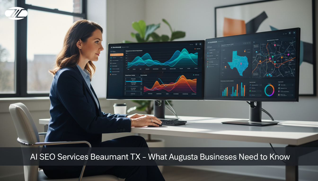 Digital marketing strategist analyzing AI SEO analytics on dual monitors in modern Beaumont office