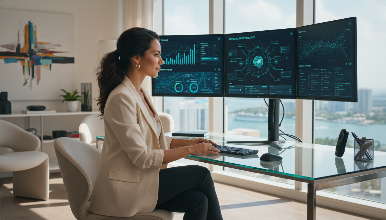 Digital strategist in modern Miami office with analytics displays - Generative AI SEO Agency Miami