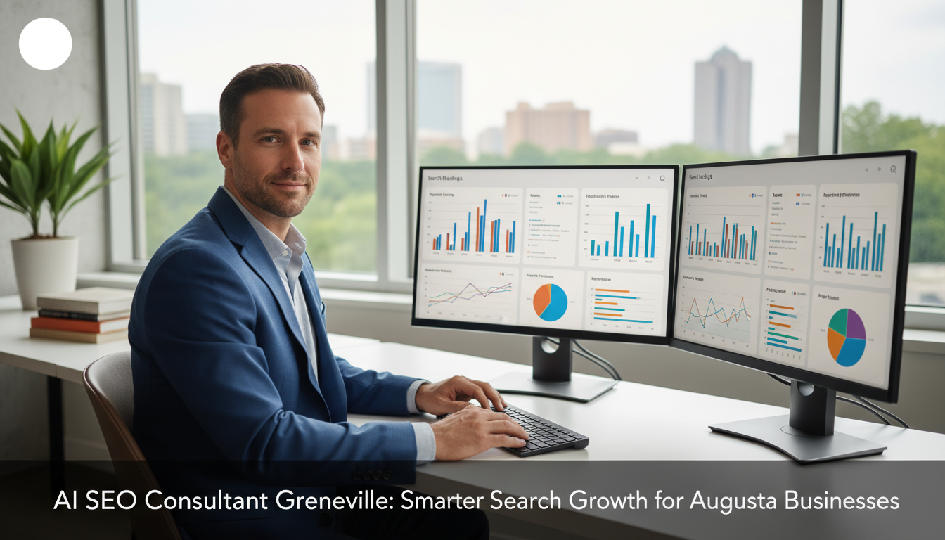 Professional AI SEO consultant reviewing analytics dashboards in modern Greenville office environment with dual monitors.