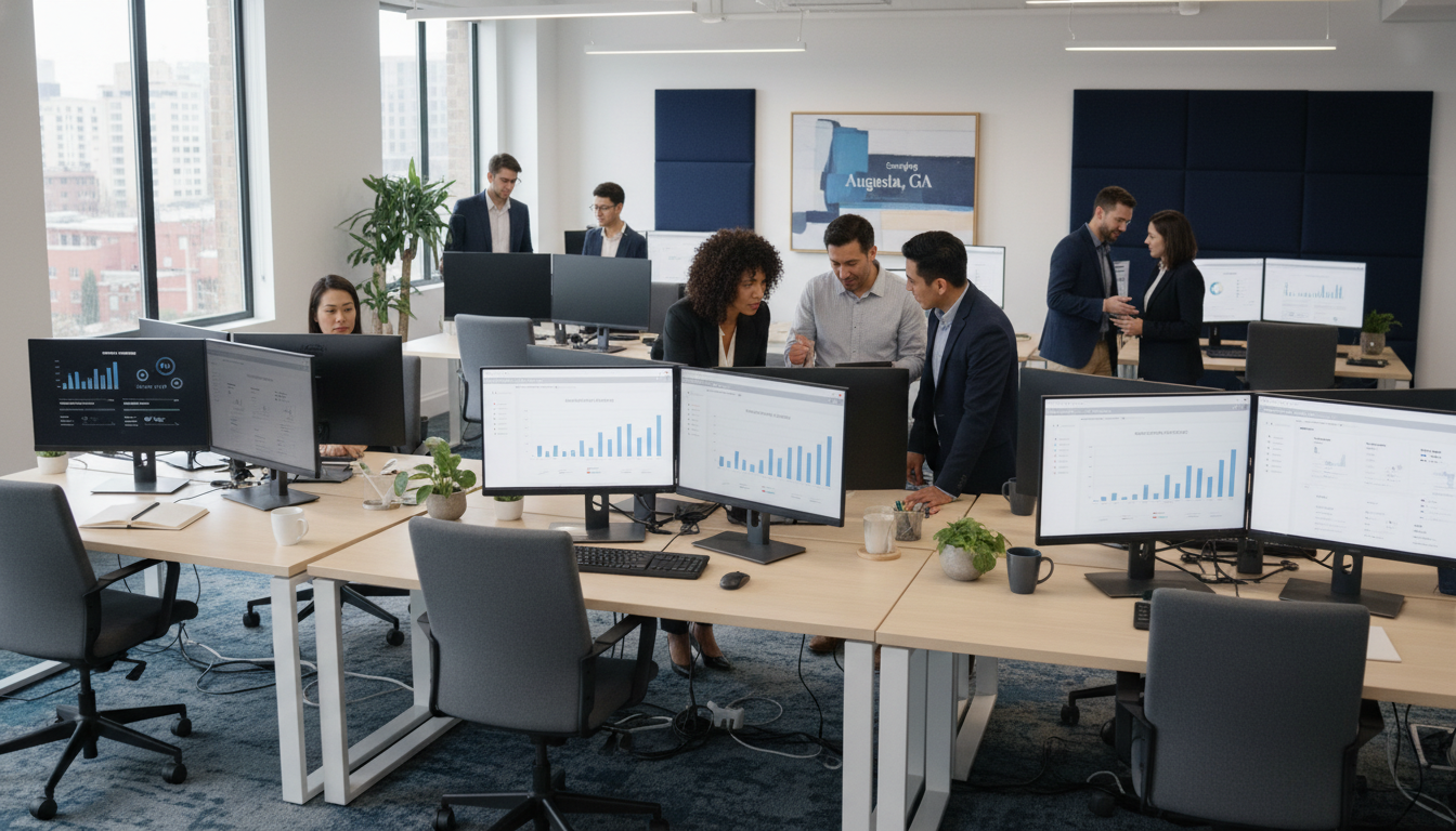 Modern marketing agency team working with AI analytics dashboards in professional office: digital marketing fort wayne