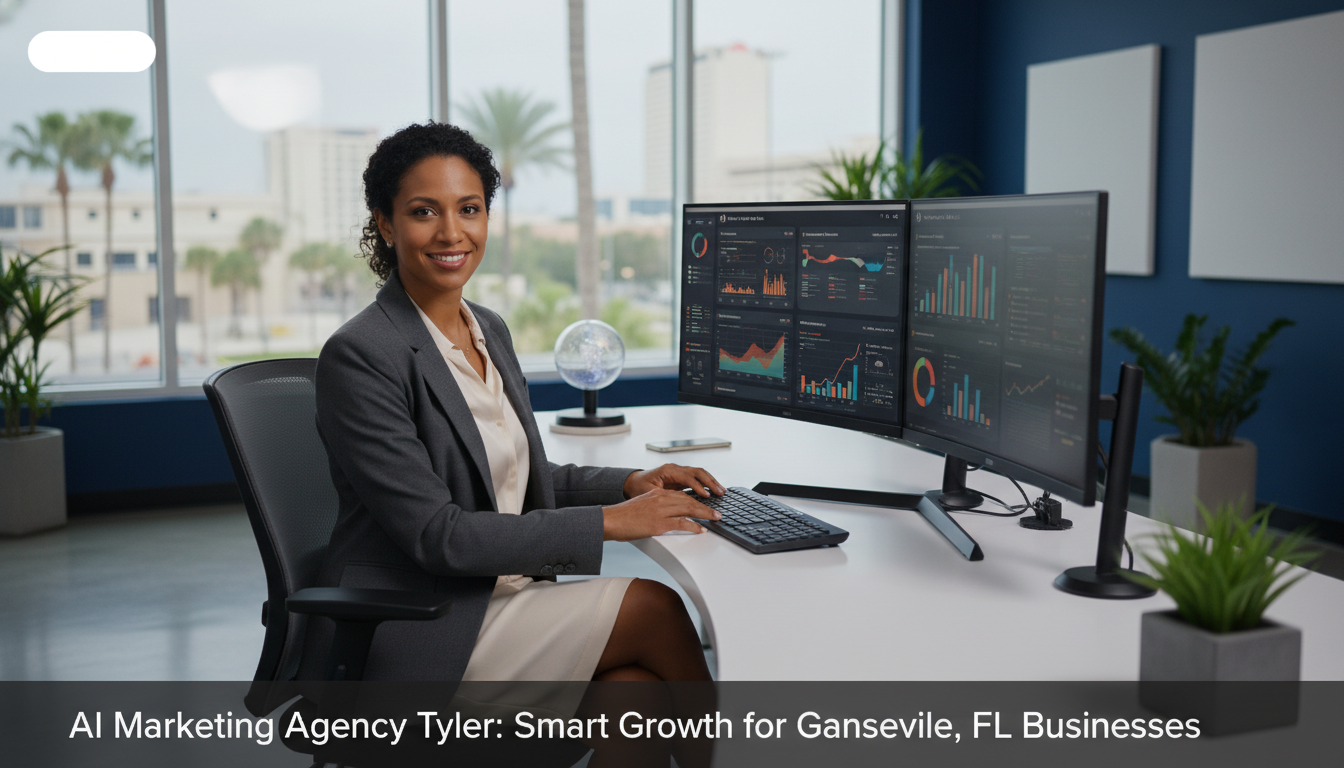Professional female marketing strategist at modern office desk with analytics dashboards, AI Marketing Agency Tyler, Tyler FL