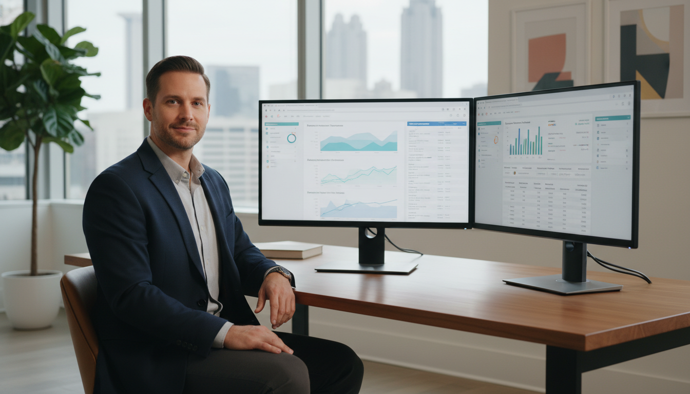 SEO strategist working at desk with analytics dashboards, professional office environment, Cincinnati GA SEO Hybrid services