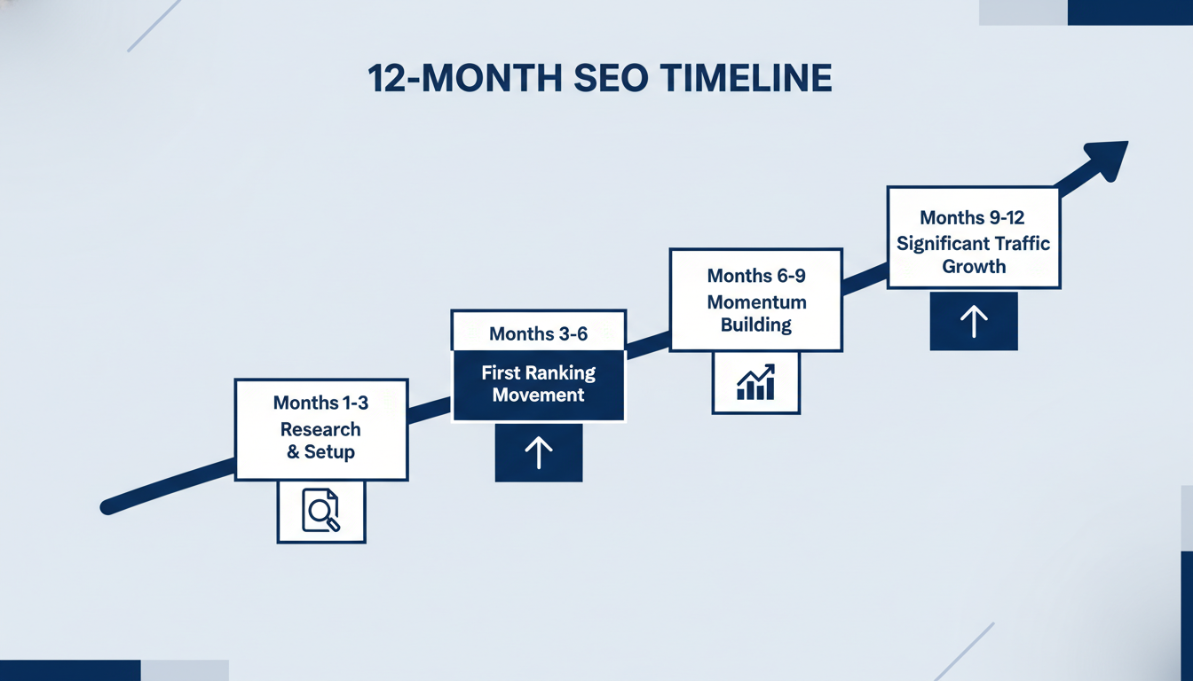 12-month SEO results timeline showing ranking movement and traffic growth progression for Augusta GA