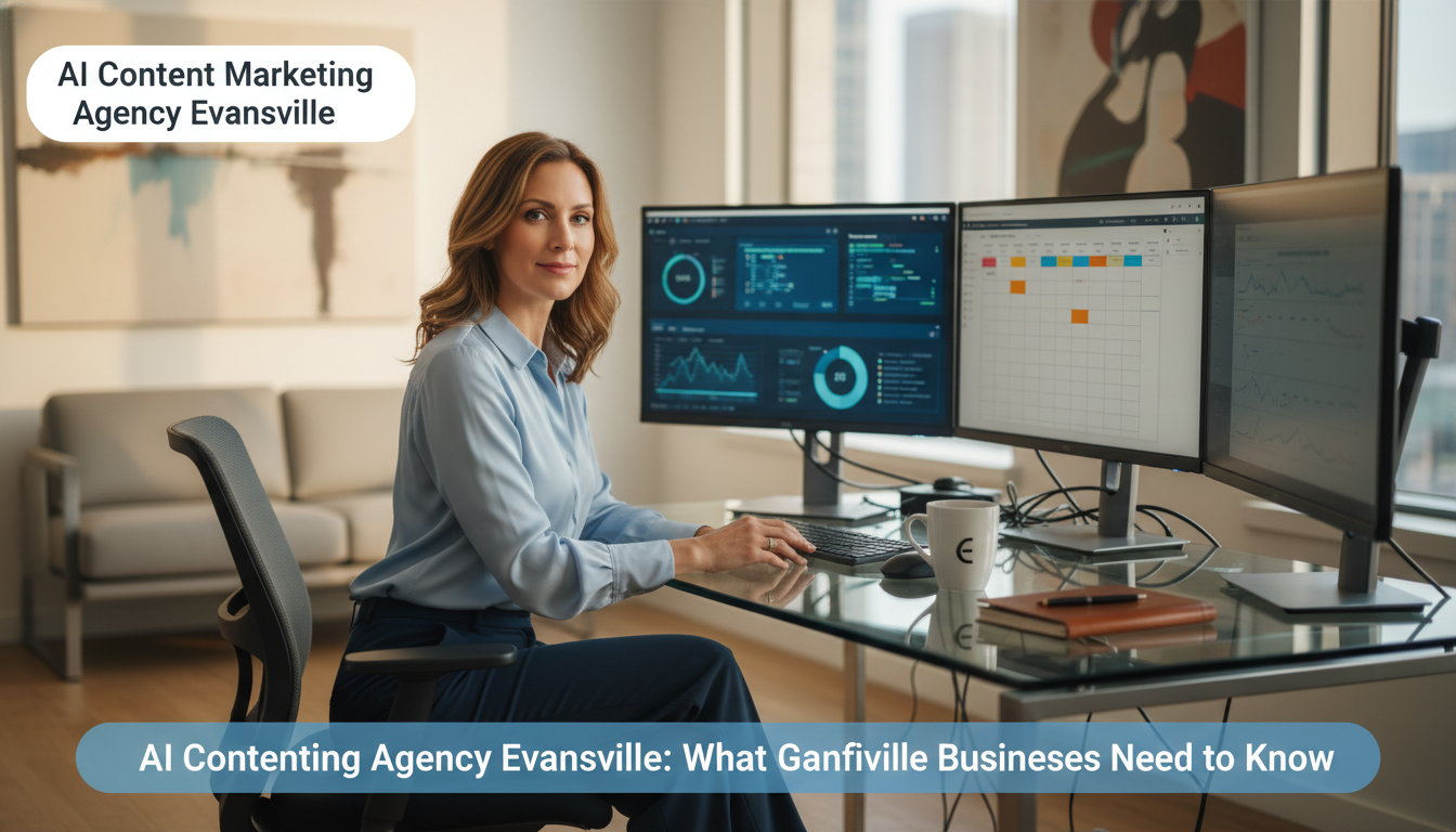 Female marketing strategist reviewing content analytics in modern agency office with multiple monitors. AI Content Marketing Agency Evansville, Evansville, IN.