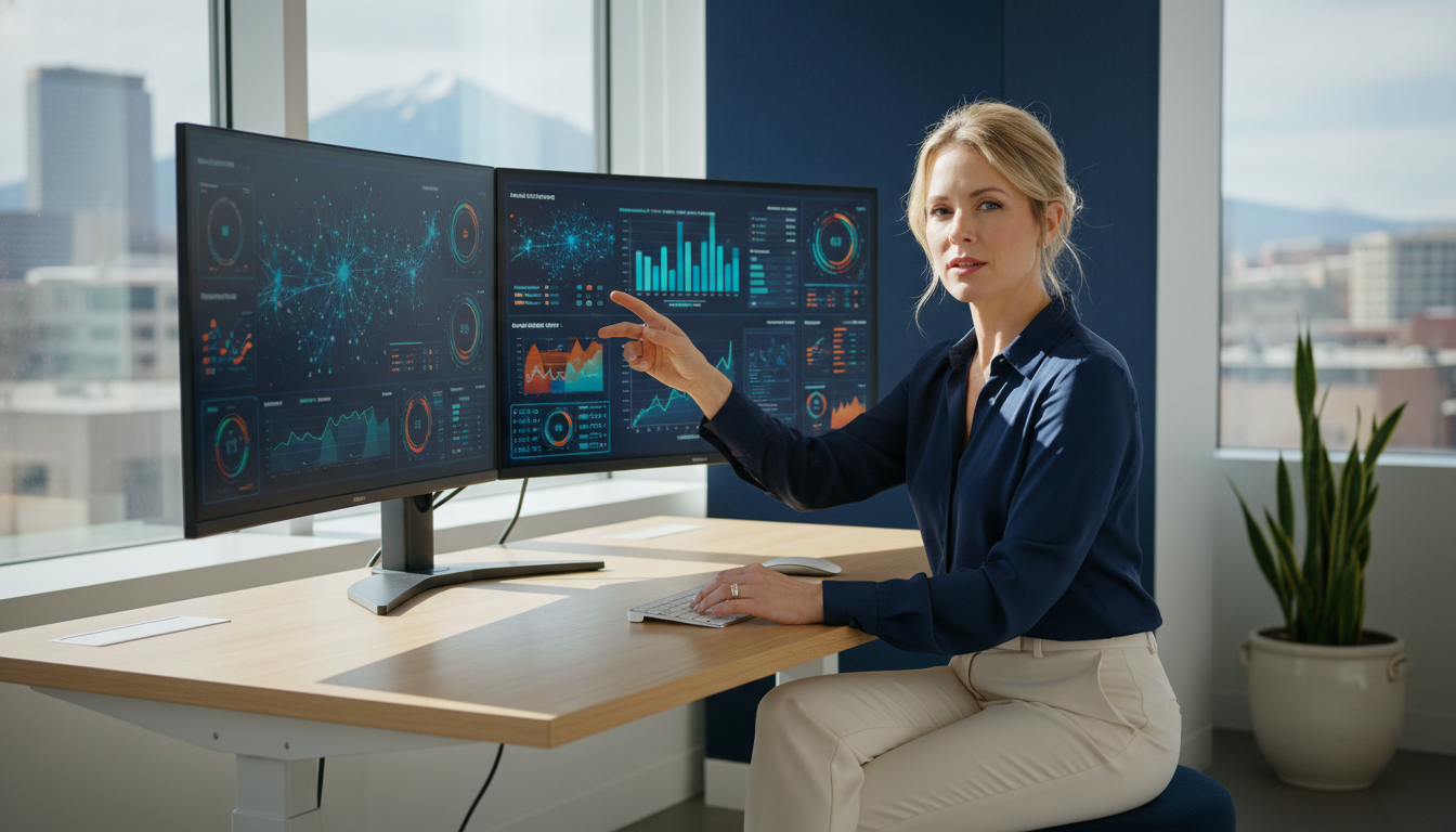 Marketing strategist at modern office desk with AI dashboard screens overlooking Colorado Springs skyline.