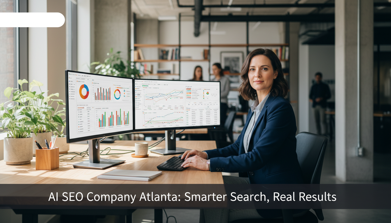 Professional SEO strategist analyzing search data on dual monitors in modern Atlanta office