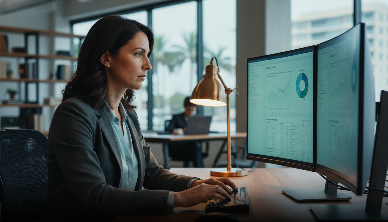 SEO strategist working at desk with analytics displays in modern St. Louis office, representing AI SEO expertise