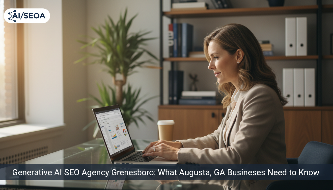 Professional woman analyzing AI data at modern office desk in Greensboro, Georgia with warm natural lighting and contemporary workspace