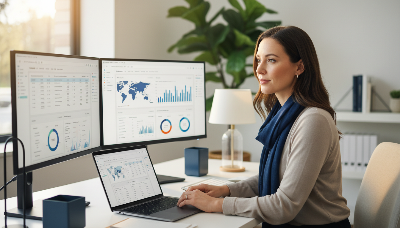 Professional woman at modern office desk with SEO analytics on multiple monitors, Honolulu, Hawaii