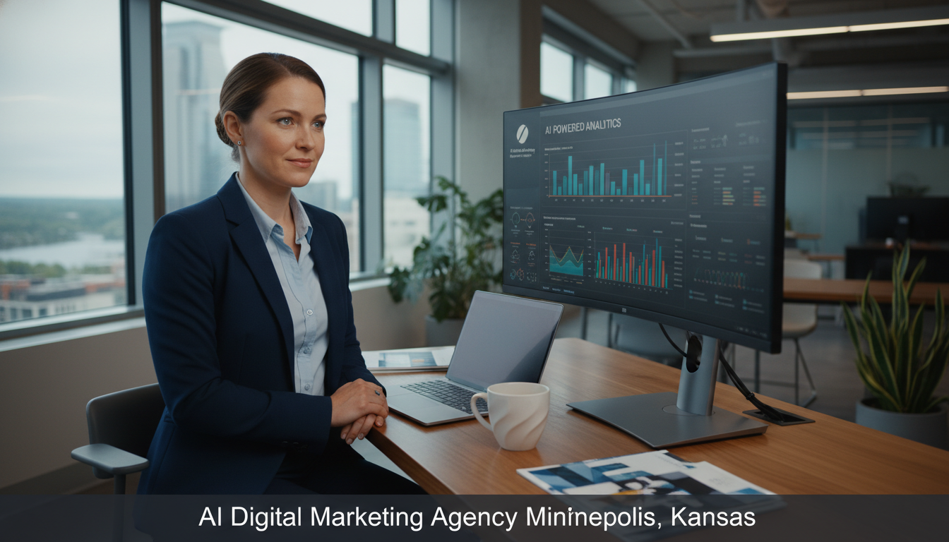 Digital marketing strategist analyzing AI campaign analytics in modern Minneapolis office, digital marketing services in Minneapolis, Kansas