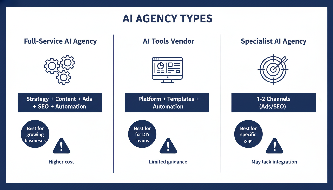 Three-column comparison of AI agency service models: Full-Service, Tools Vendor, and Specialist, marketing