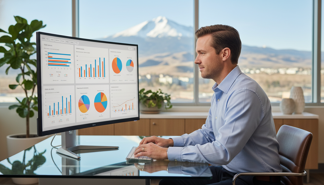 Marketing professional reviewing AI analytics dashboard in modern office with mountain view, Colorado Springs