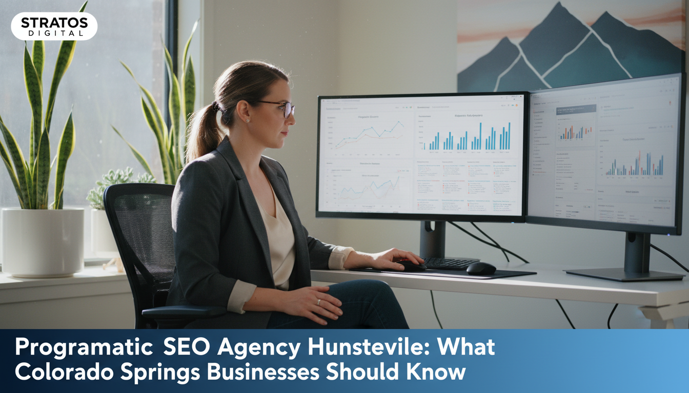 Female strategist analyzing SEO analytics on multiple monitors in modern Huntsville office, programmatic SEO agency growth planning.