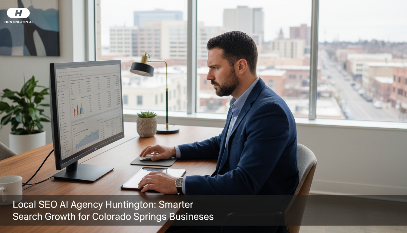 Professional business owner reviewing local SEO analytics at modern desk with Huntington architecture visible through windows