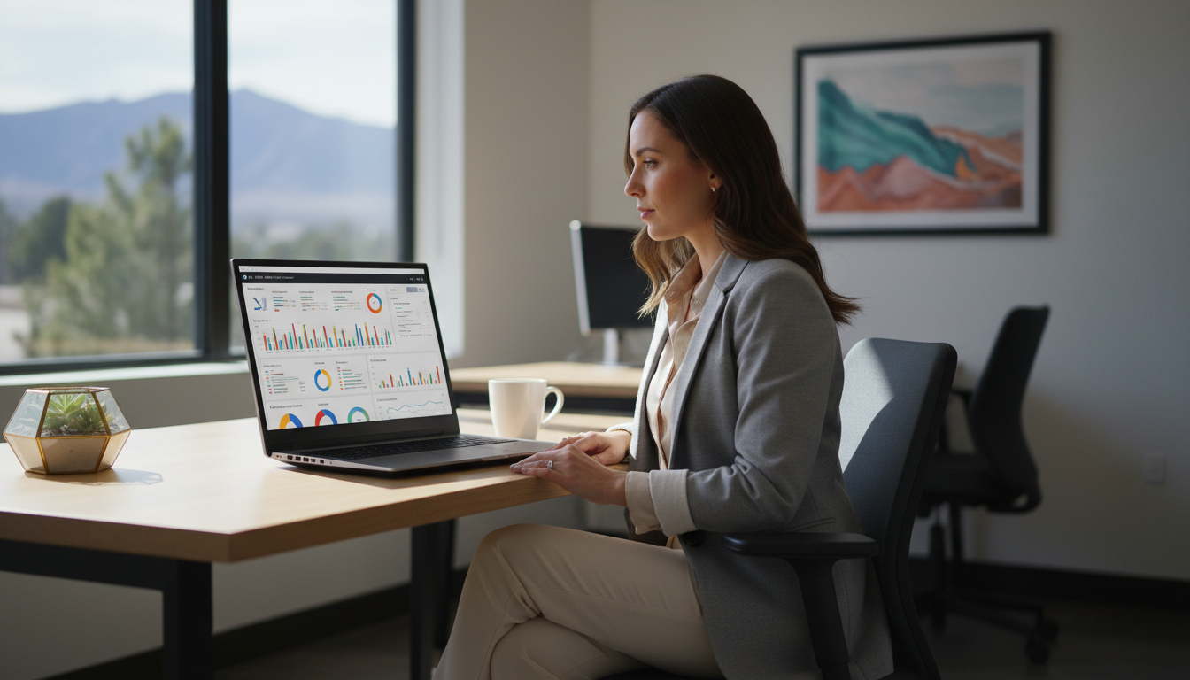 SEO strategist working on analytics dashboard in Colorado Springs modern office with professional workspace and natural lighting