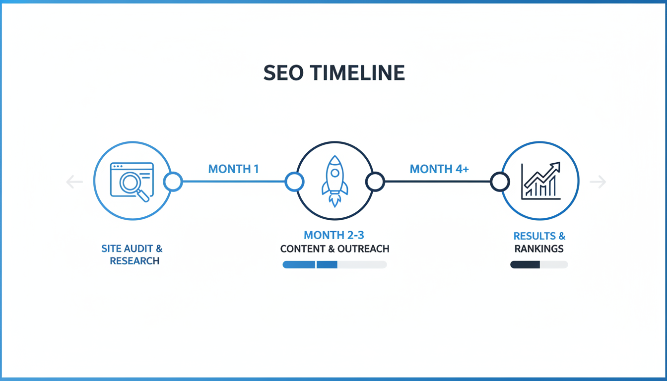 4-month SEO timeline showing audit, content creation, outreach, and results progression for Colorado Springs SEO services