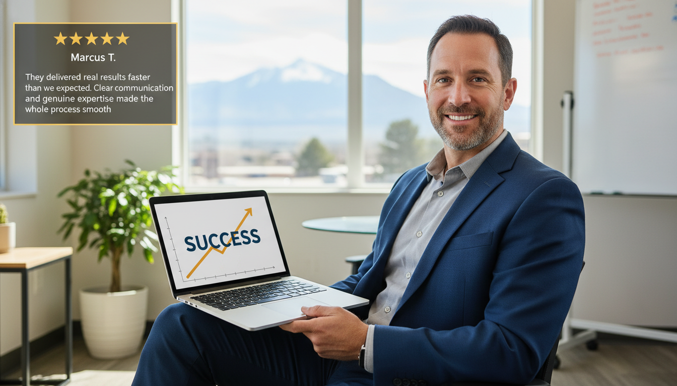Satisfied business professional with 5-star review praising AI SEO services results in Colorado Springs office setting