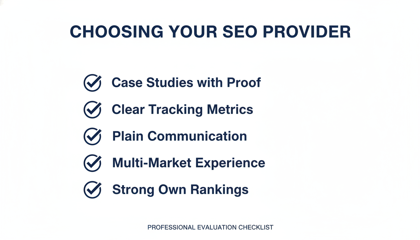 SEO provider selection checklist: case studies, tracking metrics, communication, multi-market experience, own rankings