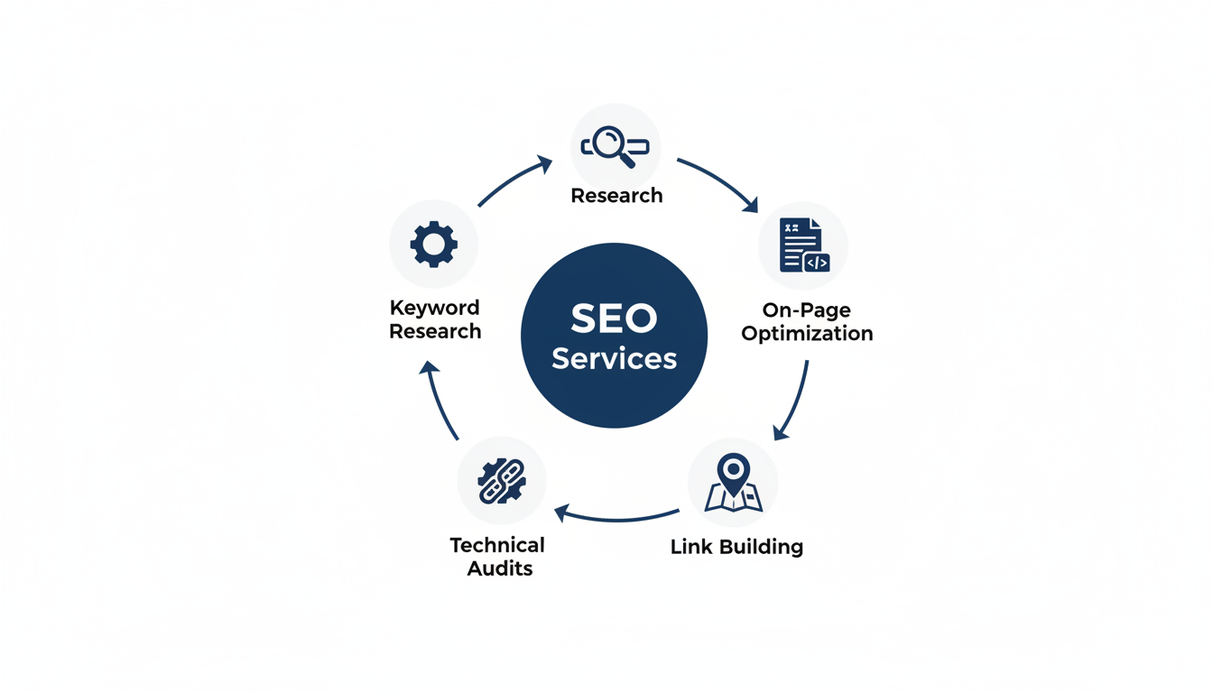 Five core SEO service elements infographic: keyword research, on-page optimization, technical audits, link building, local SEO