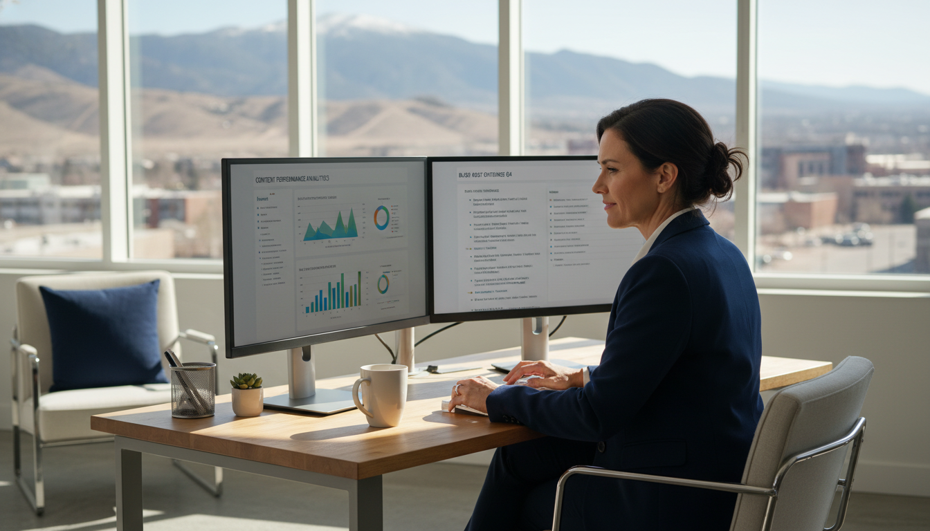 Marketing strategist reviewing content strategy on dual monitors in modern Lakeland office with mountain views