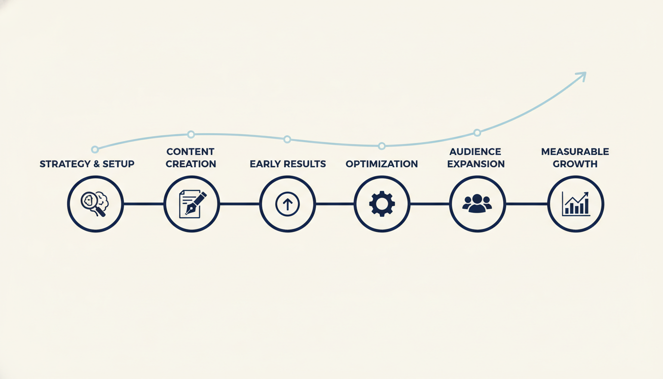 Six-month content marketing timeline showing strategy, creation, and measurable growth progression