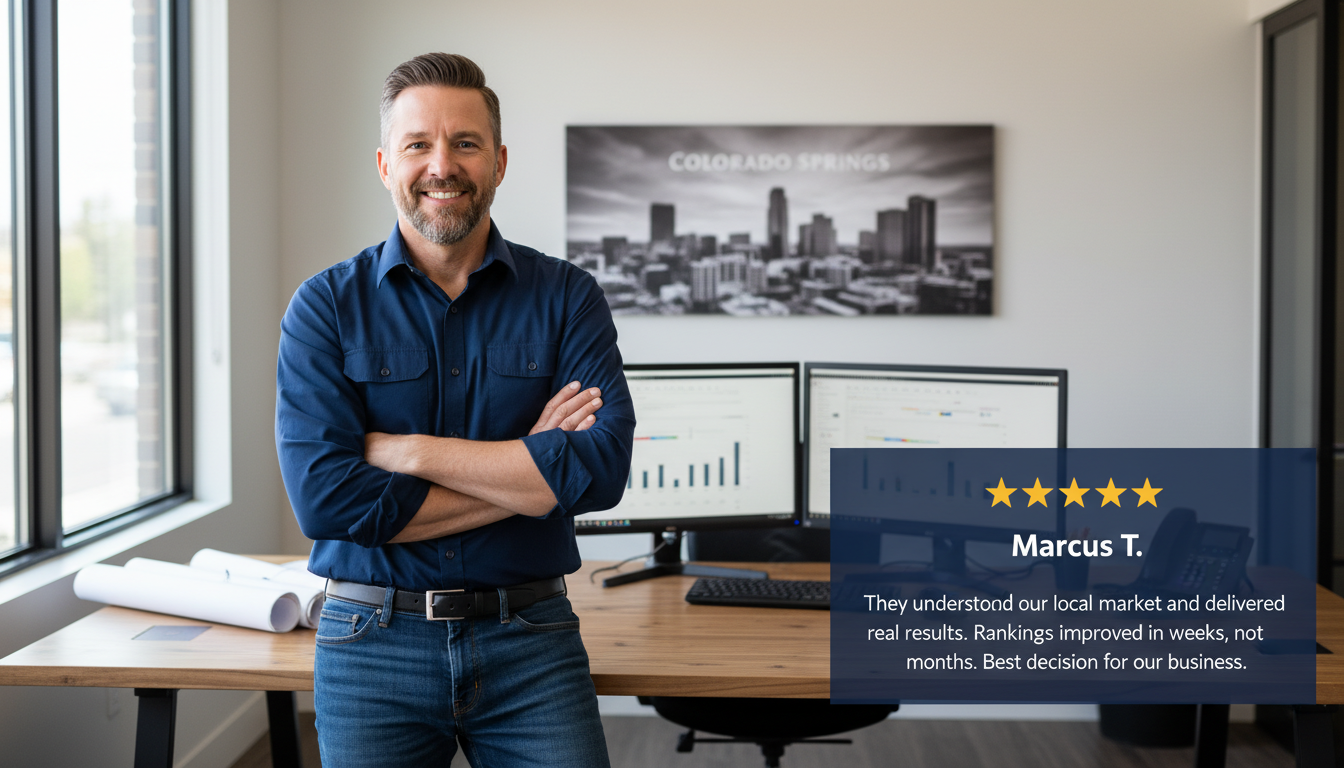 Business owner Marcus T. testimonial: 5 stars for local market understanding and ranking improvements