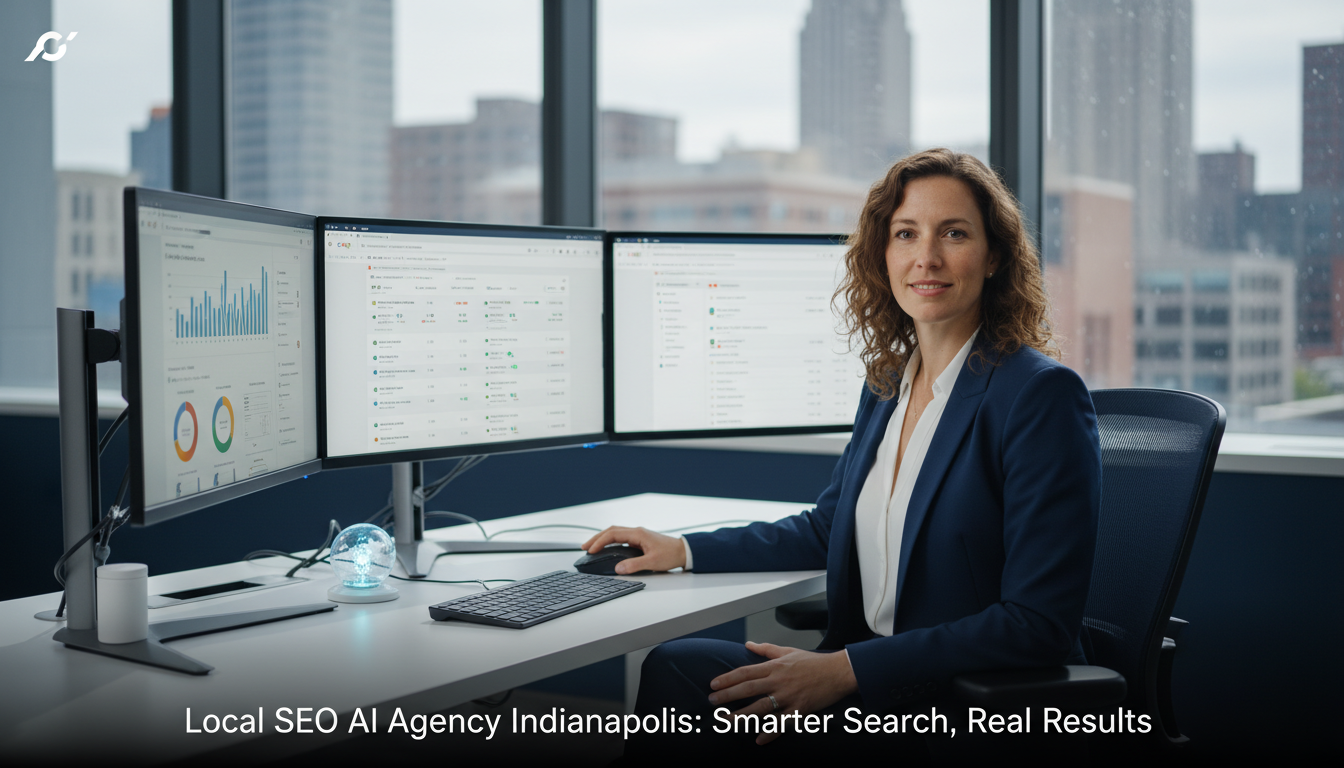 Local SEO strategist working at modern office workstation with analytics dashboards: Local SEO, Indianapolis