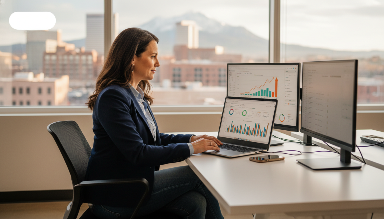 Colorado Springs business owner reviewing AI SEO analytics on laptop in modern office with Pikes Peak view