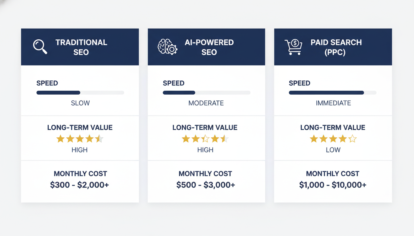 Cost comparison chart: Traditional SEO vs AI-powered SEO vs PPC paid search investment