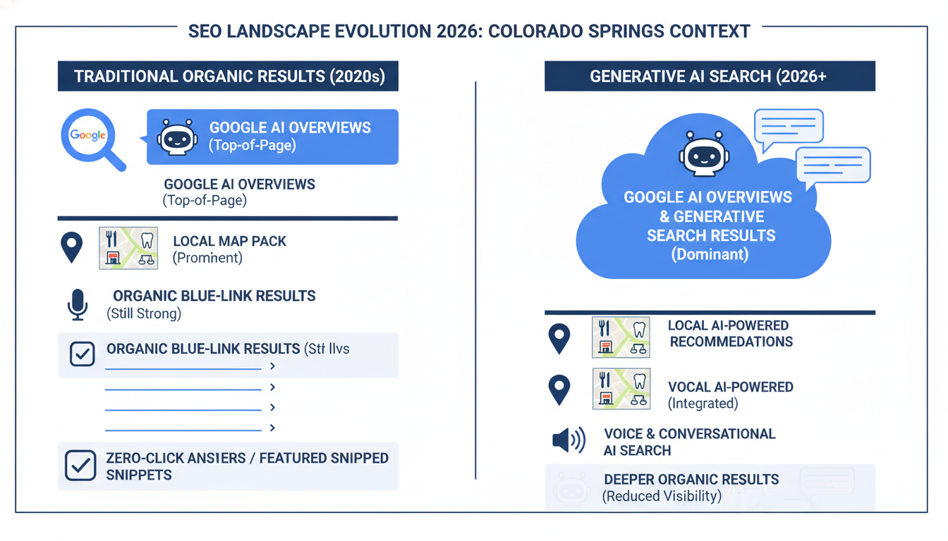 2026 SEO evolution landscape: Google AI Overviews vs organic results vs local search for Colorado Springs