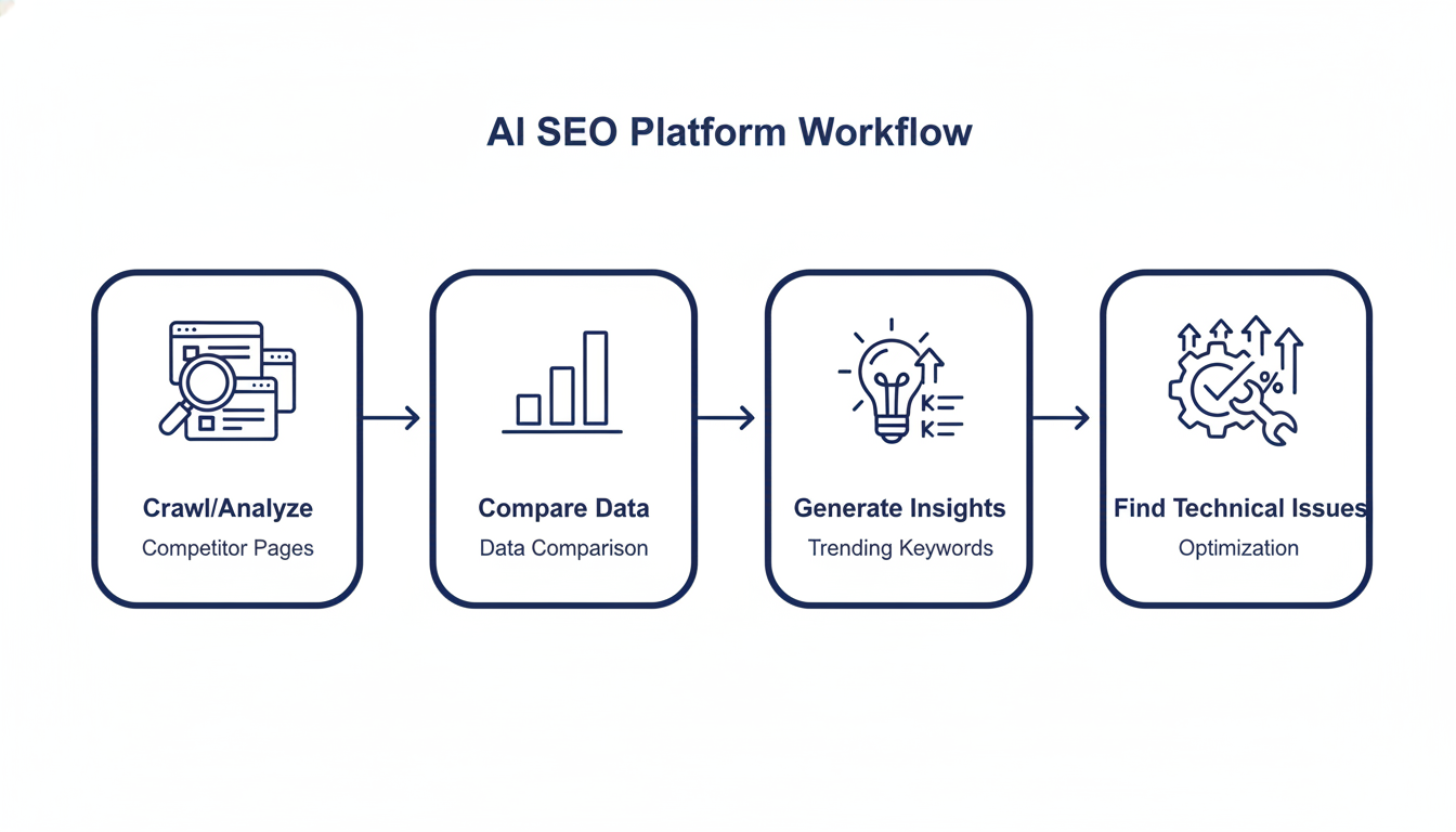 AI SEO platform workflow diagram: crawl, compare, generate insights, find technical issues