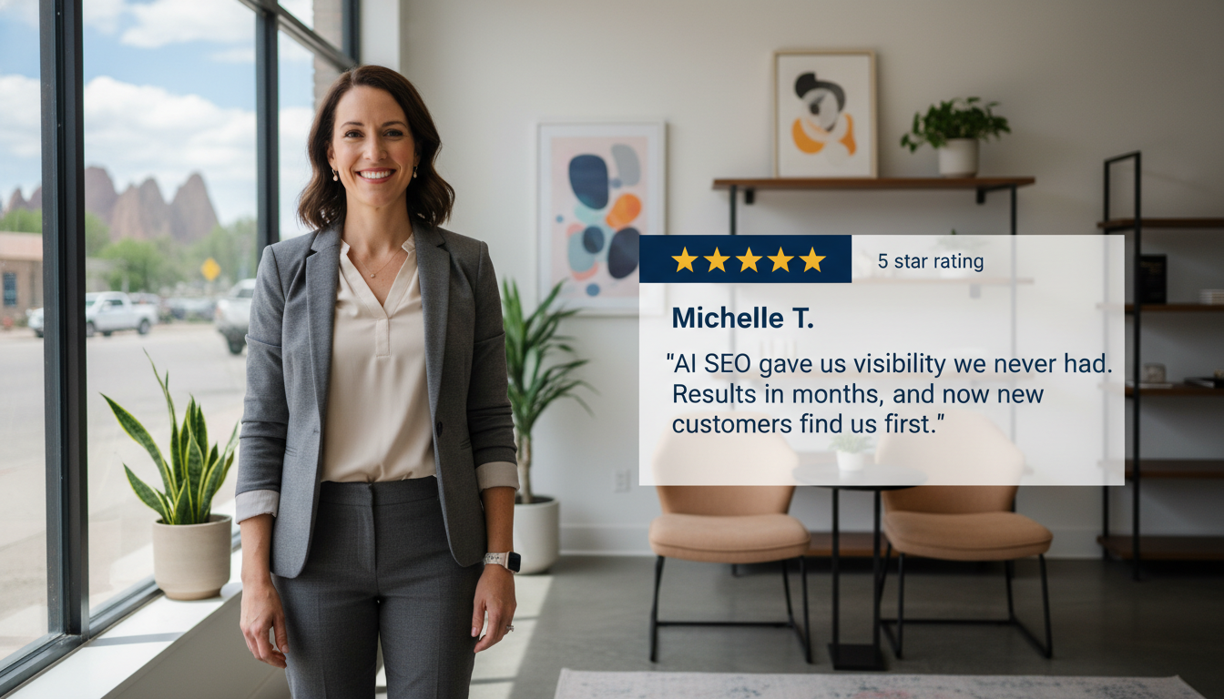 Colorado Springs business owner Michelle T. with 5-star review: AI SEO visibility and new customer results