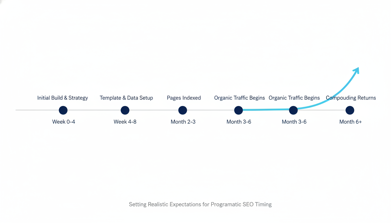Programmatic SEO timeline showing results progression from initial build through compounding returns