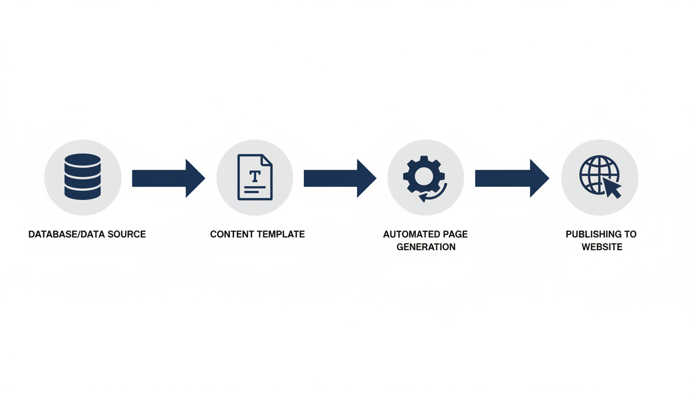 Programmatic SEO workflow diagram: data source to template to page generation to publishing