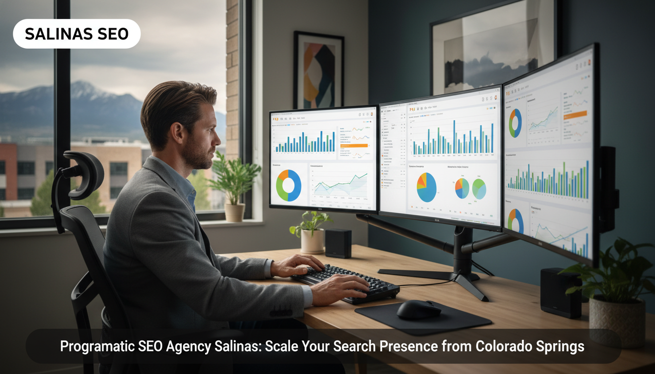 Digital marketer reviewing SEO analytics on multiple monitors in Salinas office