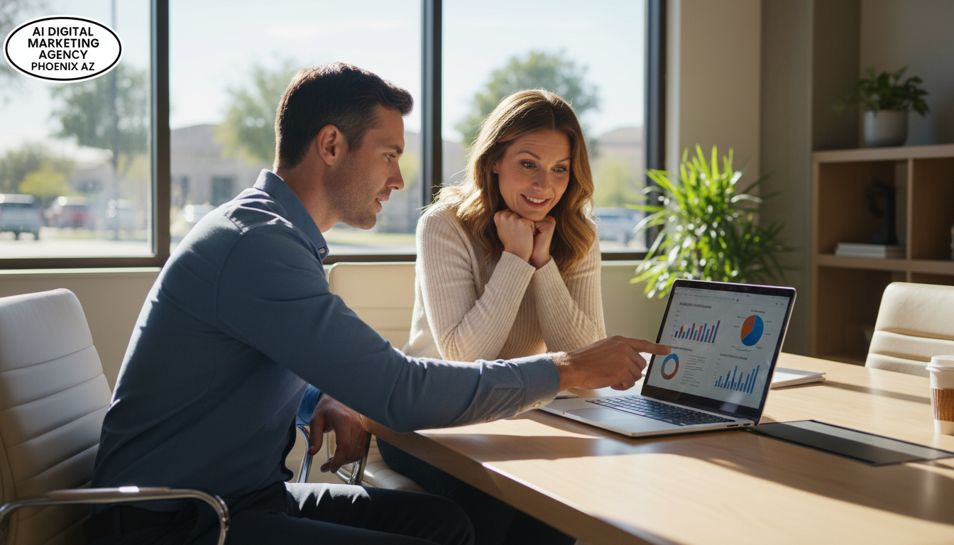 Digital marketing strategist consulting with business owner in Phoenix, Maryland office setting showing AI campaign analytics and strategy